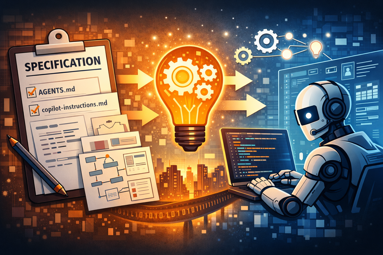 Spec-driven development meets agentic coding: specs, instructions, and an AI assistant bridging idea to implementation.